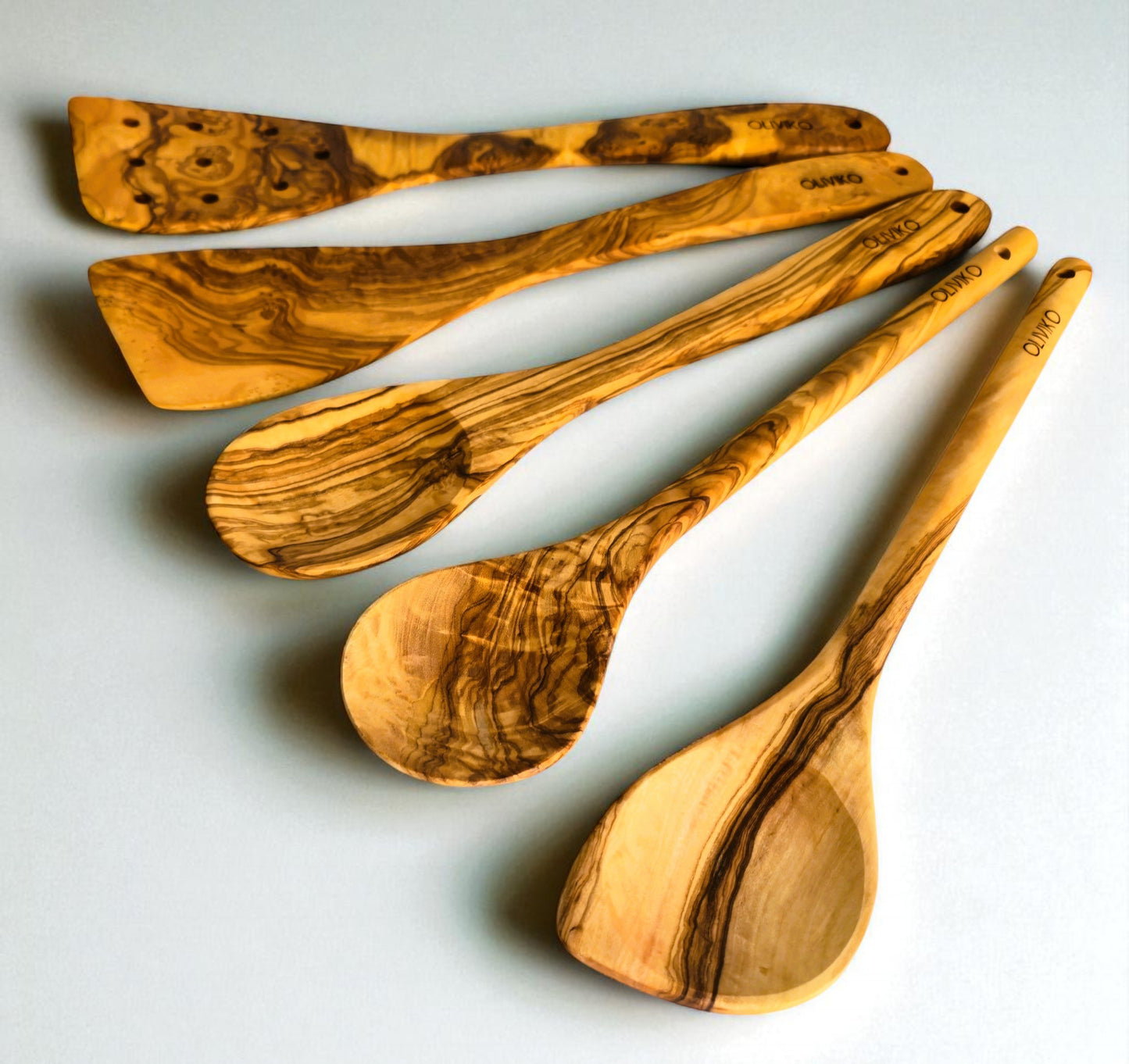 Handcrafted Olive Wood Utensil Set with Holder - 2 Spatulas & 3 Spoons