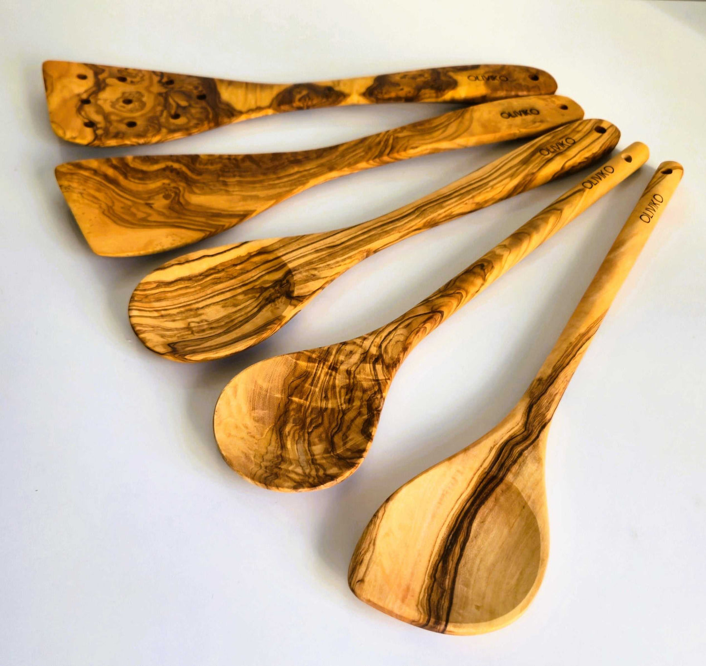 Oliviko handmade olive wood utensils set with 2 spatulas and 3 spoons made from natural, sustainable olive wood