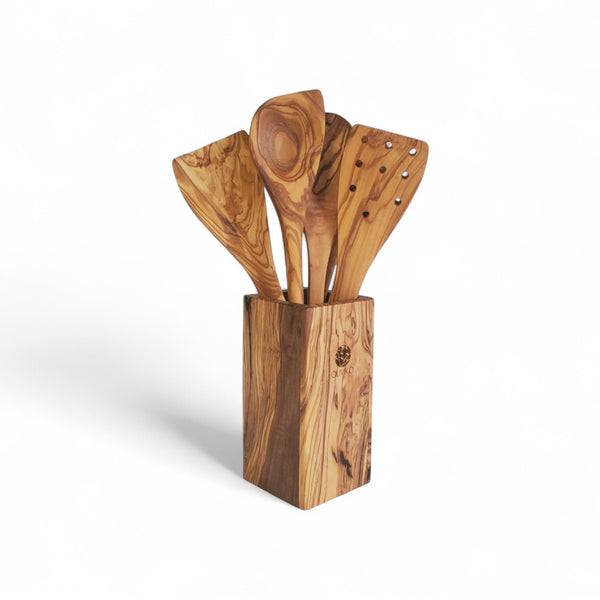 Handcrafted Olive Wood Utensil Set with Holder - 2 Spatulas & 3 Spoons