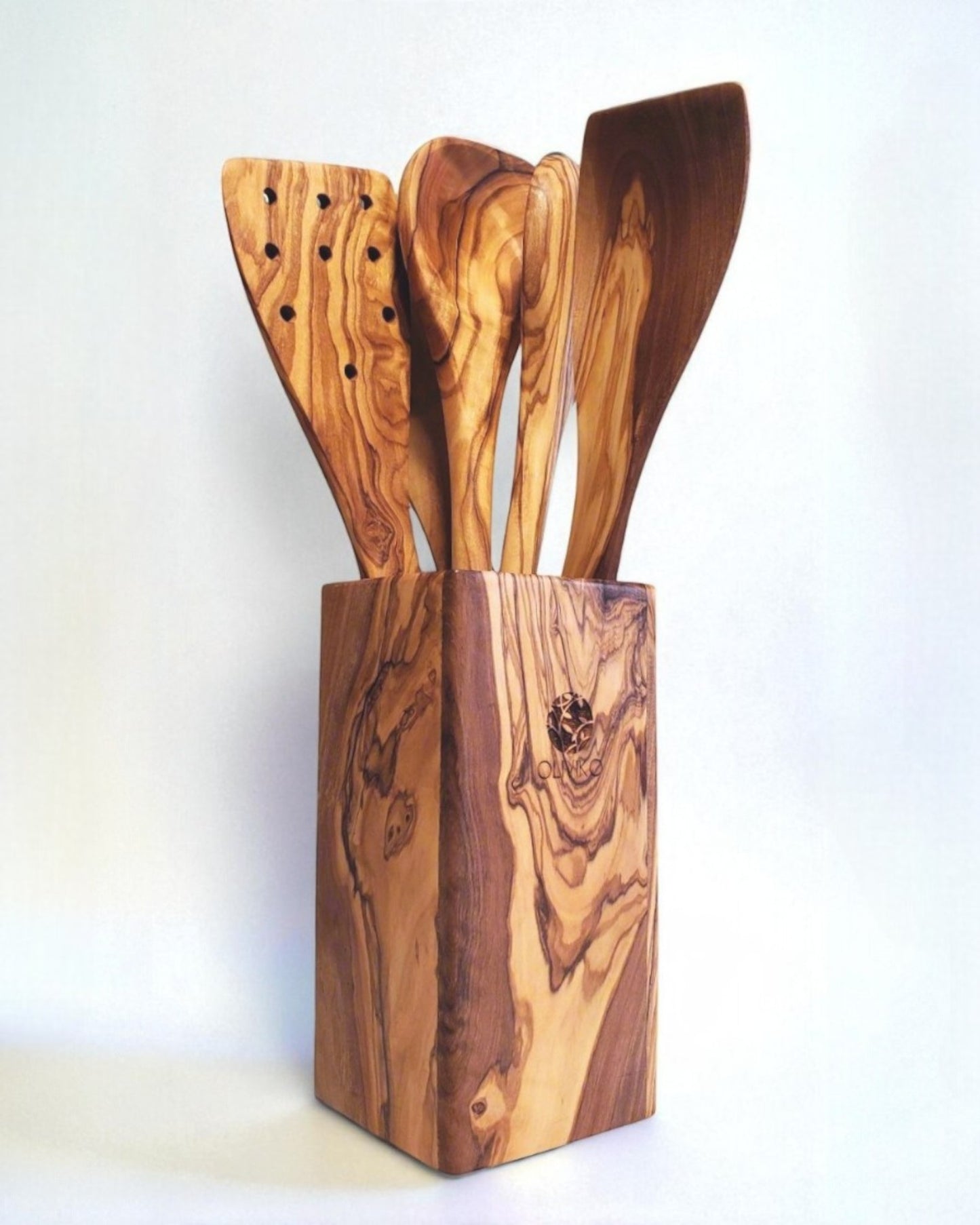 Handcrafted Olive Wood Utensil Set with Holder - 2 Spatulas & 3 Spoons