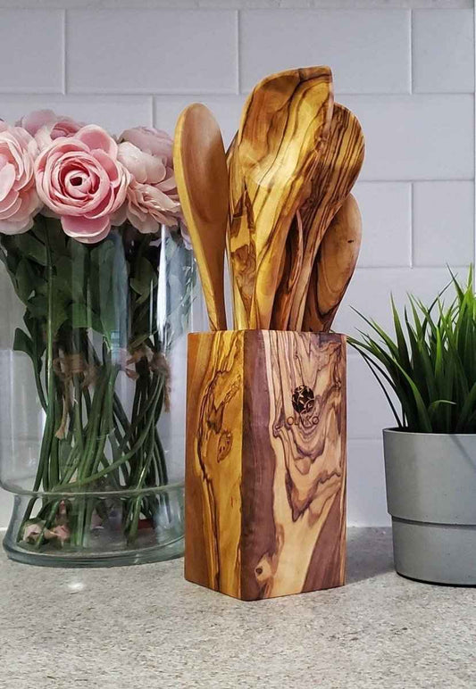 OLIVIKO Handcrafted Olive Wood Utensil Set with Holder – 2 Spatulas & 3 Spoons
