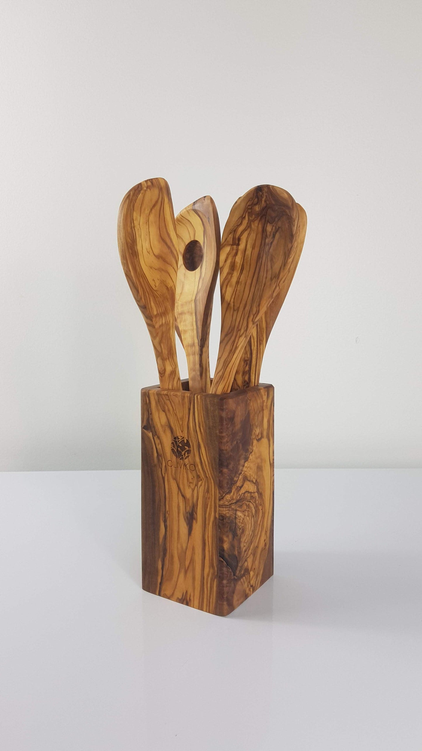 Handmade Olive Wood Holder+ Utensils Kit of 5 Utensils Holder+ 1 Spatula + 4 Spoon 100% Olive Wood