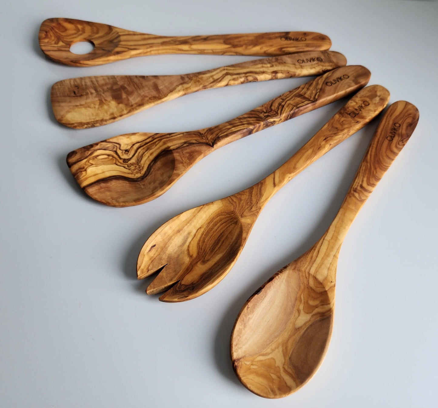 Handmade Olive Wood Holder+ Utensils Kit of 5 Utensils Holder+ 1 Spatula + 4 Spoon 100% Olive Wood
