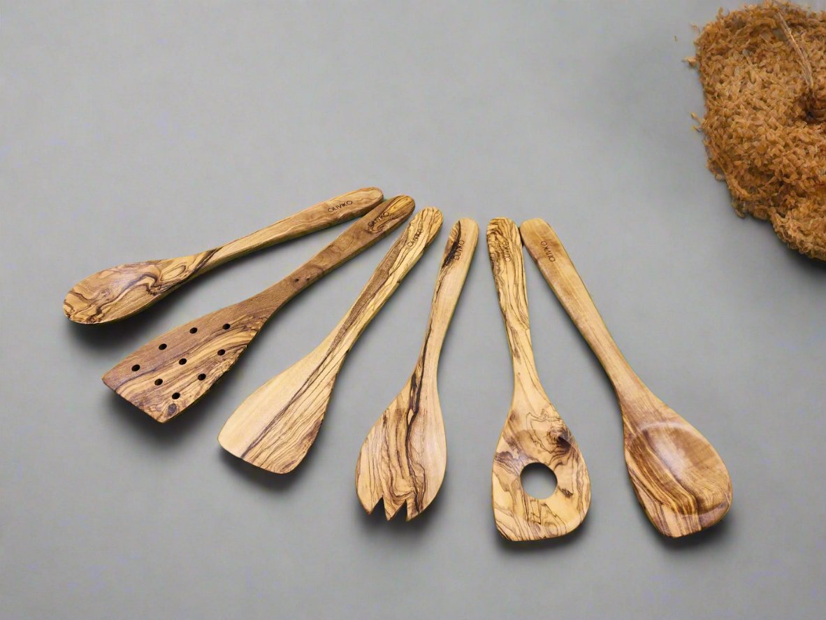 Handmade Olive Wood Utensils Kit of 6 Utensils 2 Spatula + 4 Spoon 100% Olive Wood