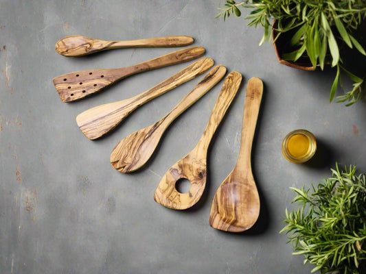 Handmade Olive Wood Utensils Kit of 6 Utensils 2 Spatula + 4 Spoon 100% Olive Wood
