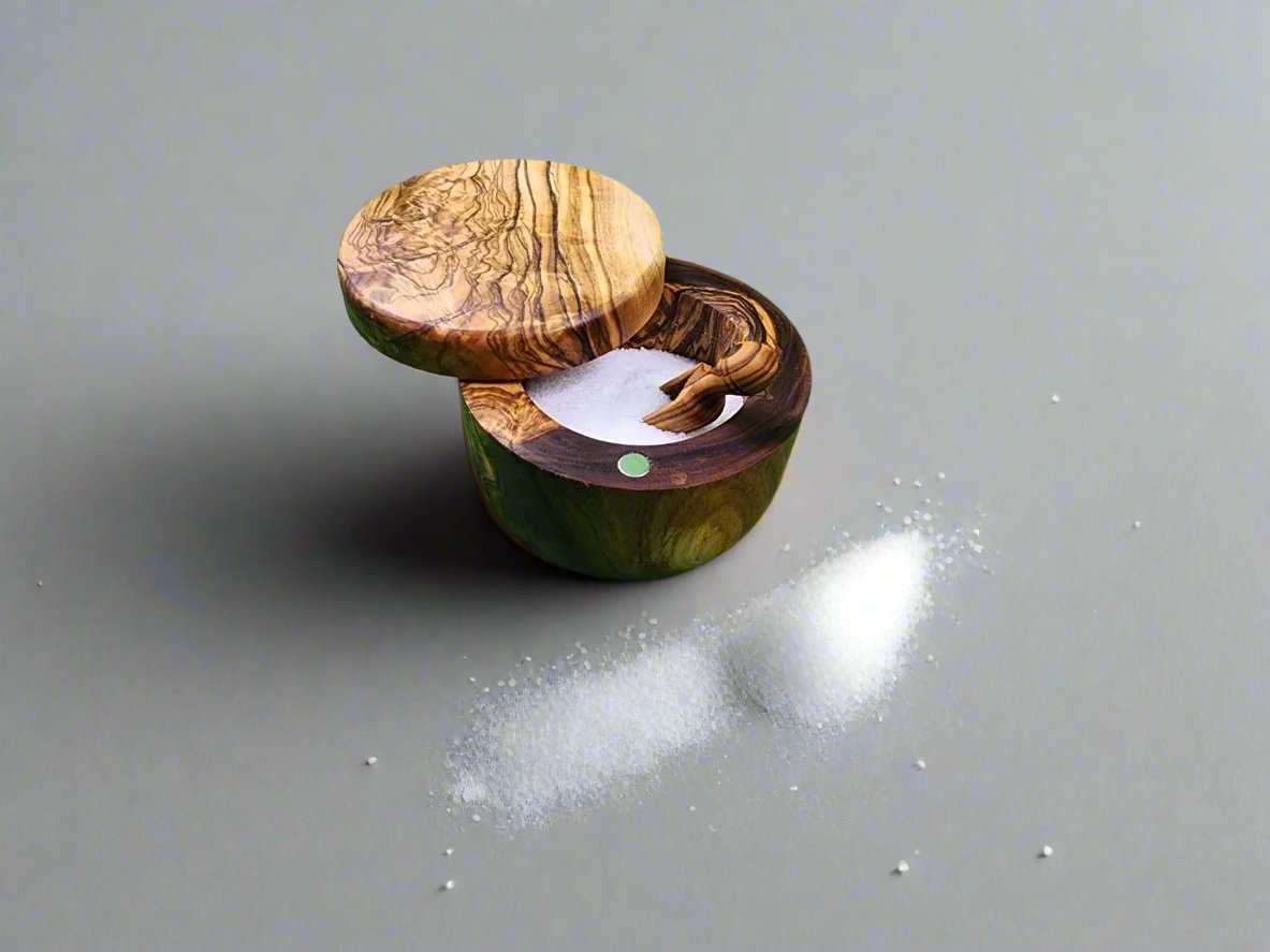 OLIVIKO Olive Wood Salt Cellar with magnetic lock handcrafted from Mediterranean olive wood containing salt and small wooden spoon