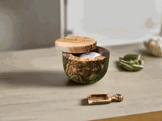 OLIVIKO Olive Wood Salt Cellar handcrafted salt keeper box with magnetic lock and unique grain patterns