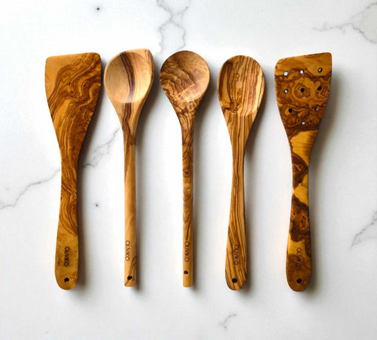 Oliviko olive wood utensils set with 2 spatulas and 3 spoons handcrafted from natural sustainable olive wood