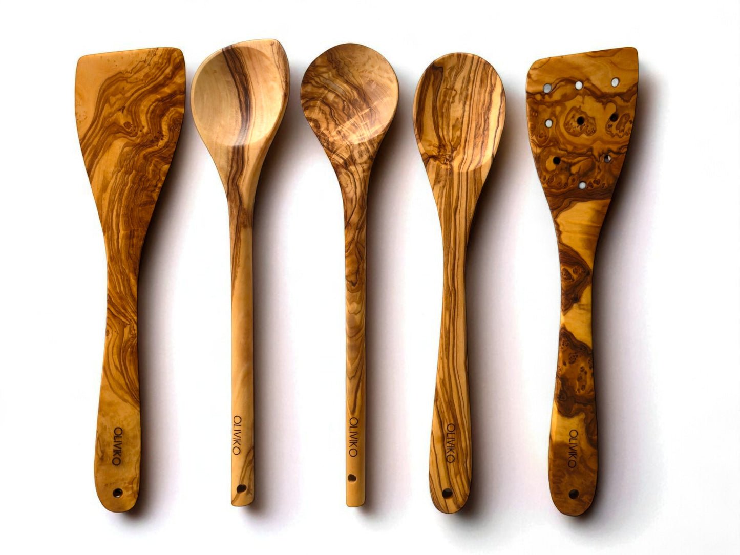 Handcrafted Olive Wood Utensil Set with Holder - 2 Spatulas & 3 Spoons