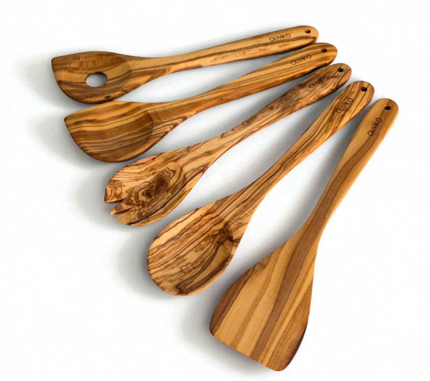 Handcrafted Olive Wood Utensil Set with Holder – 1 Spatulas, Fork & 3 Spoons
