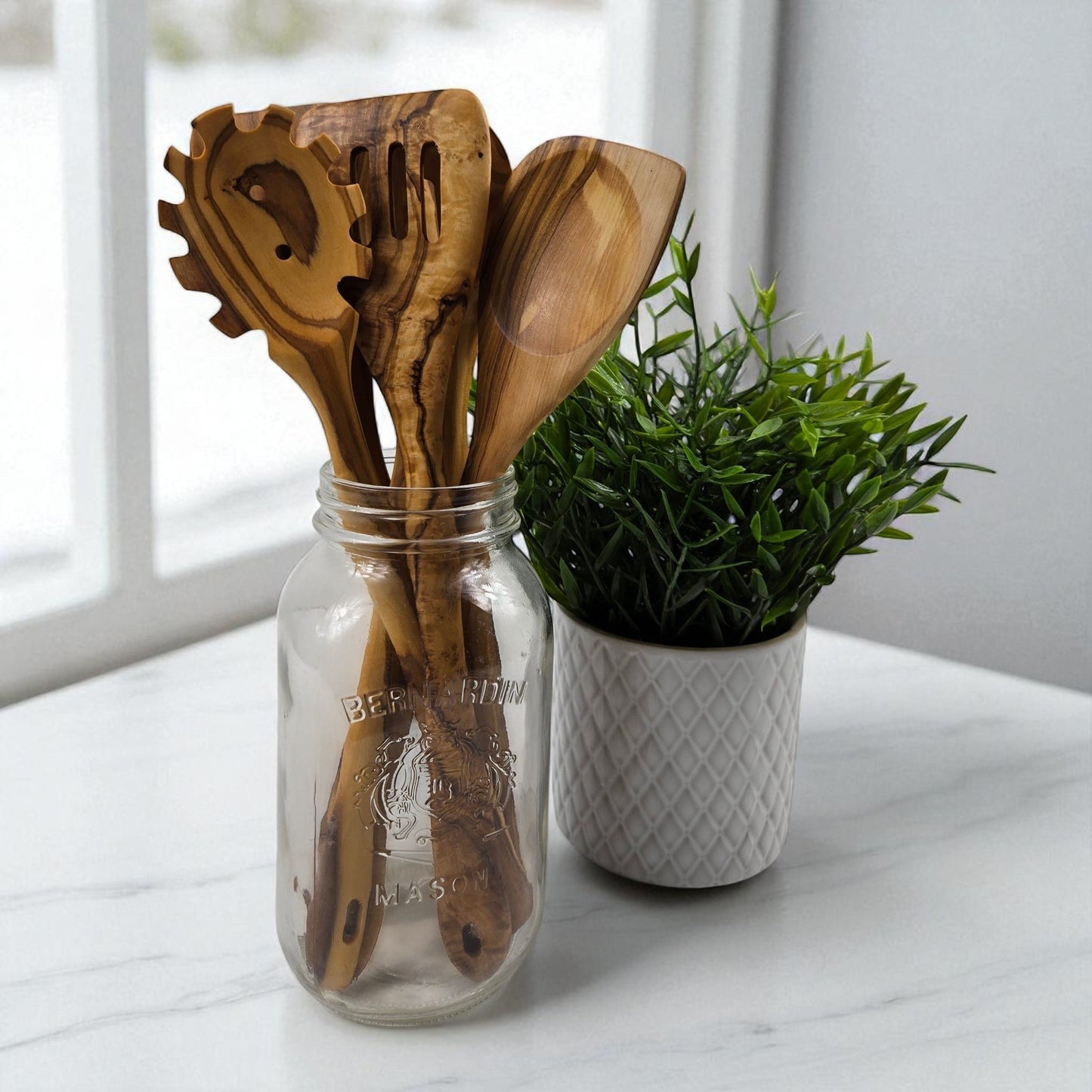 Handmade Olive Wood Utensils Kit of 6 Utensils 2 Spatula + 4 Spoon 100% Olive Wood
