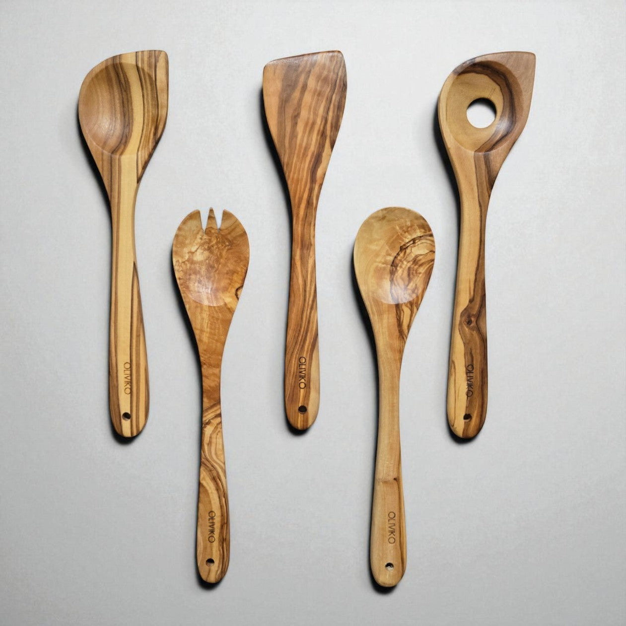 Handcrafted Olive Wood Utensil Set with Holder – 1 Spatulas, Fork & 3 Spoons