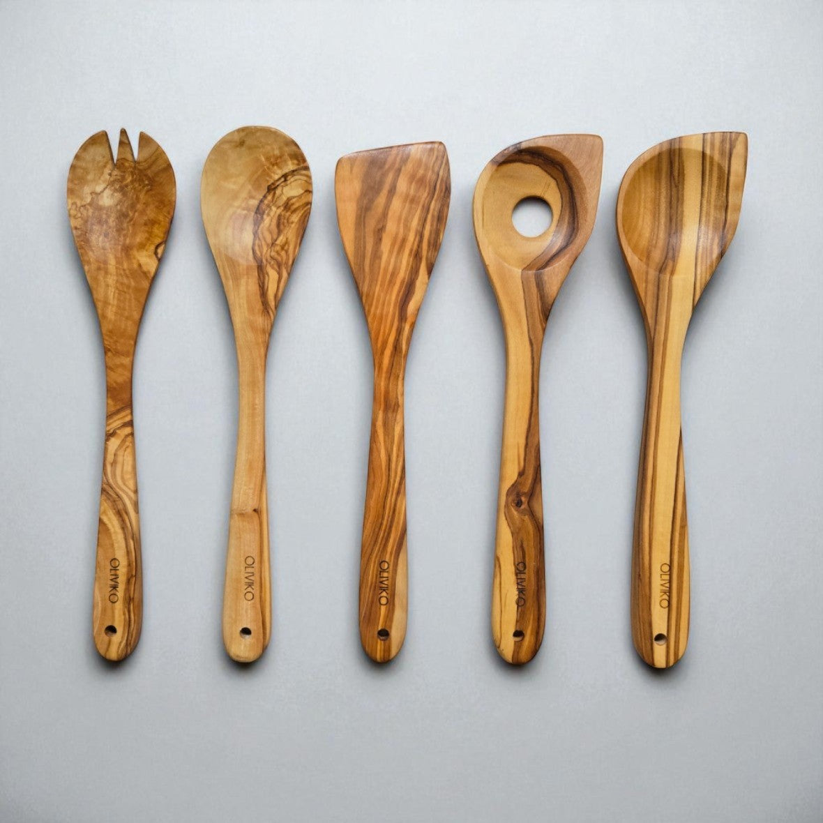 Handcrafted Olive Wood Utensil Set with Holder – 1 Spatulas, Fork & 3 Spoons