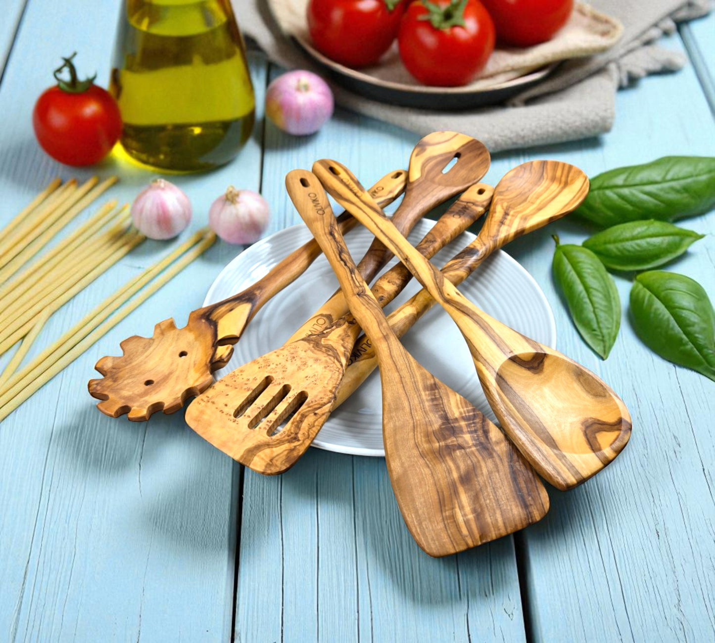 Handmade Olive Wood Utensils Kit of 6 Utensils 2 Spatula + 4 Spoon 100% Olive Wood