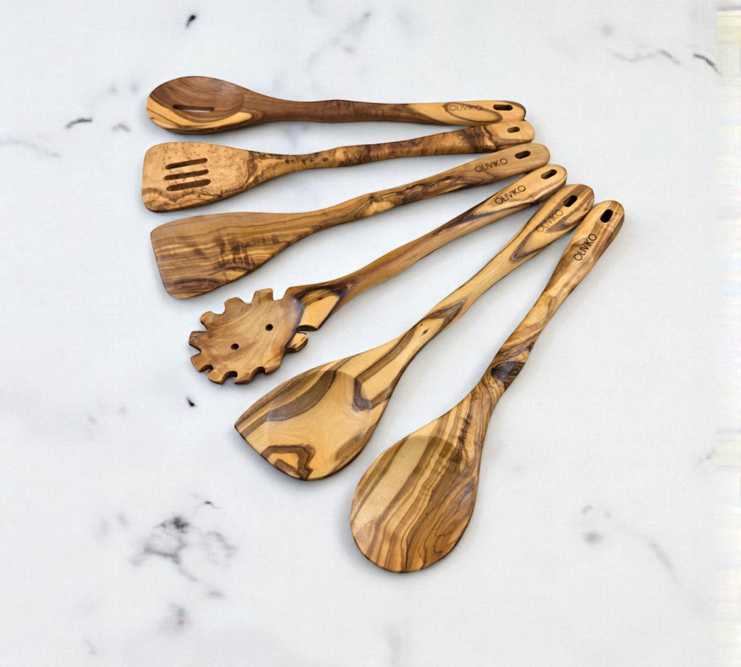 Handmade Olive Wood Utensils Kit of 6 Utensils 2 Spatula + 4 Spoon 100% Olive Wood