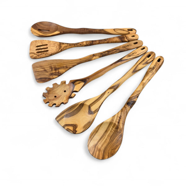 Handmade Olive Wood Utensils Kit of 6 Utensils 2 Spatula + 4 Spoon 100% Olive Wood