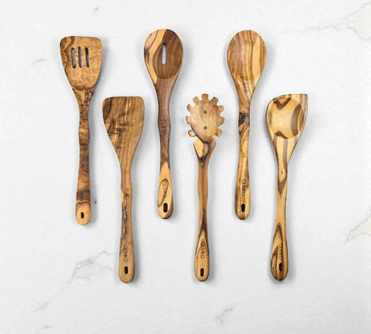 OLIVIKO Handmade Olive Wood Utensils Kit – 6 Piece (2 Spatula + 4 Spoon)