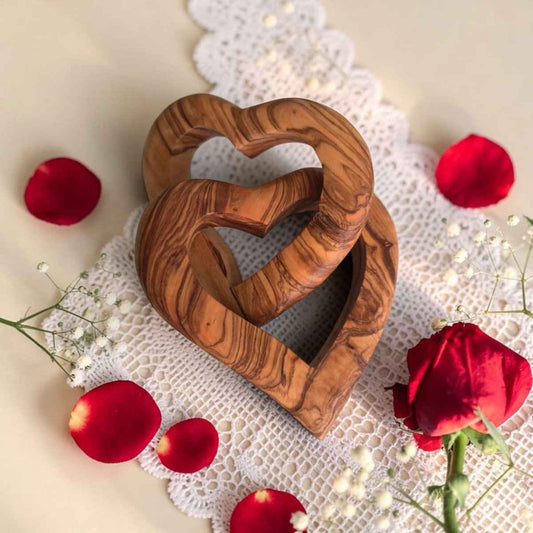 OLIVIKO Interlocked Olive Wood Hearts – Handcrafted Decorative Sculpture | 4 inch