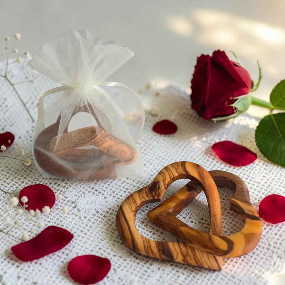 OLIVIKO Interlocked Olive Wood Hearts – Handcrafted Decorative Sculpture | 3 inch