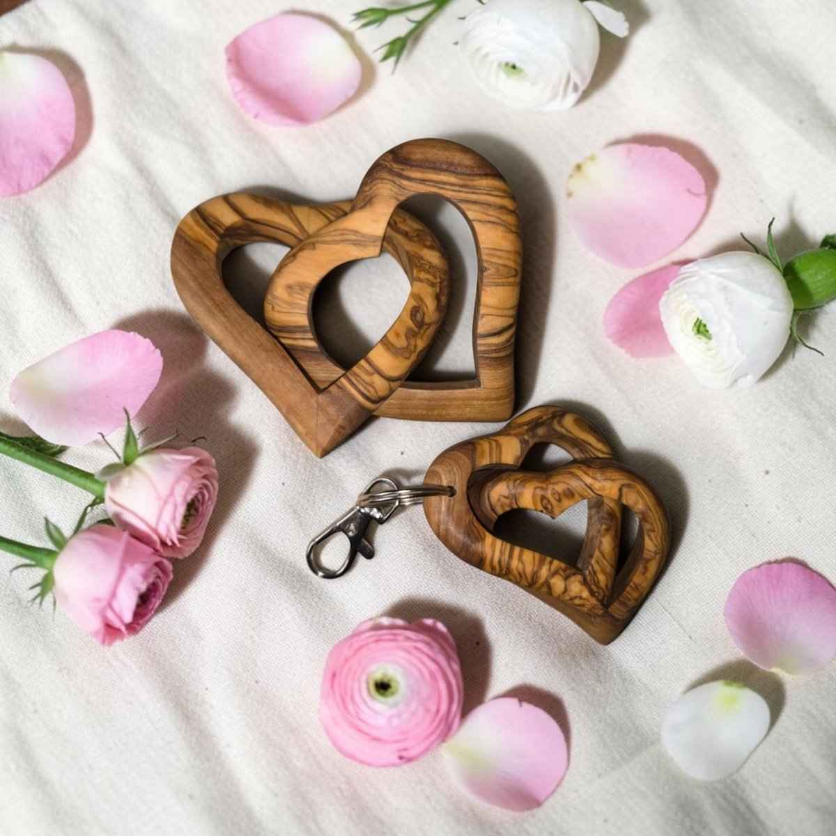 OLIVIKO Interlocked Olive Wood Hearts – Set of 2 | 3 inch + 2.25 inch