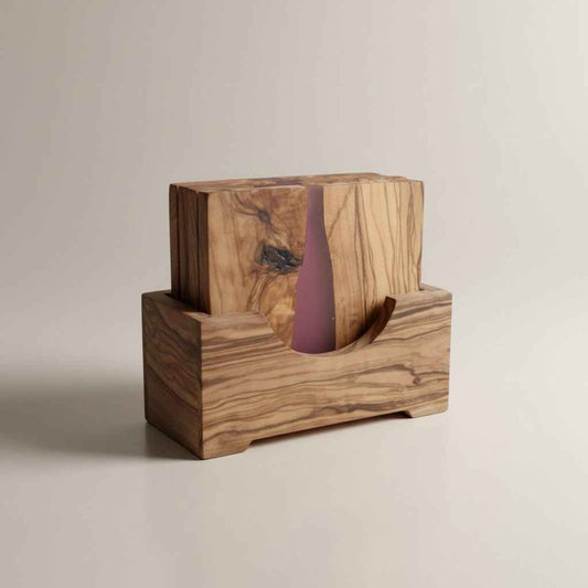 Oliviko Olive Wood & Resin Square Coaster Set – 3.75 in | Set of 4 with Holder
