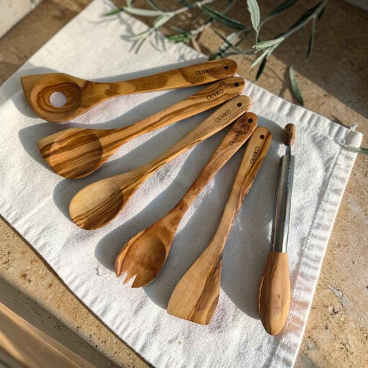 OLIVIKO Olive Wood Kitchen Set – 6 Piece with Salad Tongs