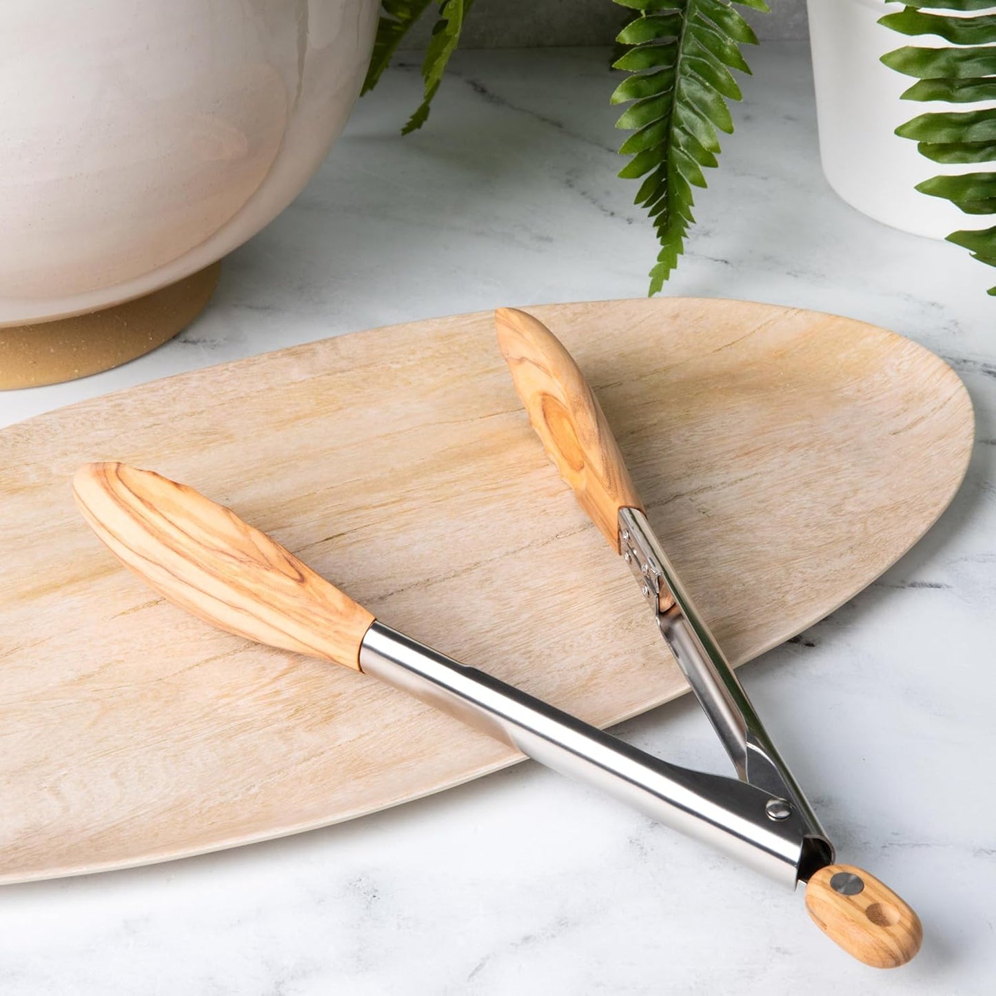 OLIVIKO Olive Wood Pasta & Cooking Set – 7 Piece with Salad Tongs