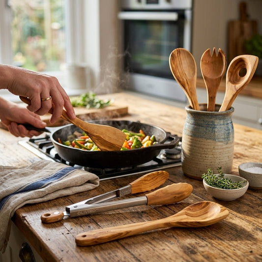 OLIVIKO™ Olive Wood Kitchen Set – 6 Piece with Salad Tongs
