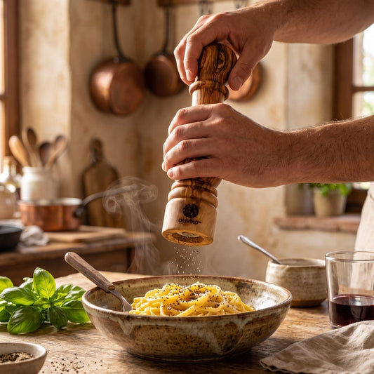 A wooden pepper mill with the brand name 'OULOUROU' visible near the base, styled on a rustic wooden table with a small bowl of peppercorns, fresh herbs, a bottle of olive oil, and plates in the background. on a pasta