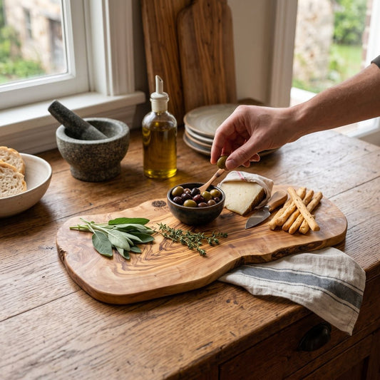 OLIVIKO handmade 16 x 8 inch olive wood cutting board — solid Mediterranean olive wood with natural grain, additional product view