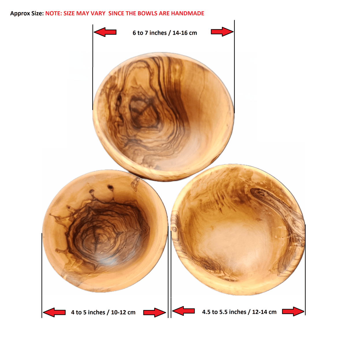 Set of three handmade olive wood bowls in varying sizes with natural grain patterns