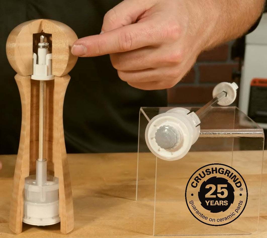 Handcrafted olive wood salt and pepper grinder with CrushGrind ceramic mechanism and unique natural grain patterns