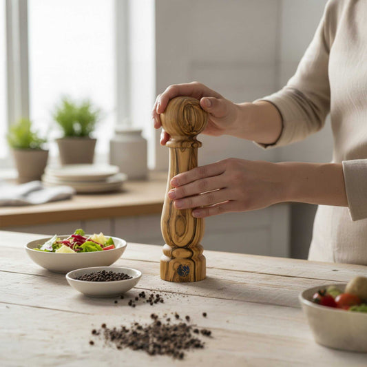 Olive wood pepper grinder with 'CrushGrind Denmark' branding on a white background