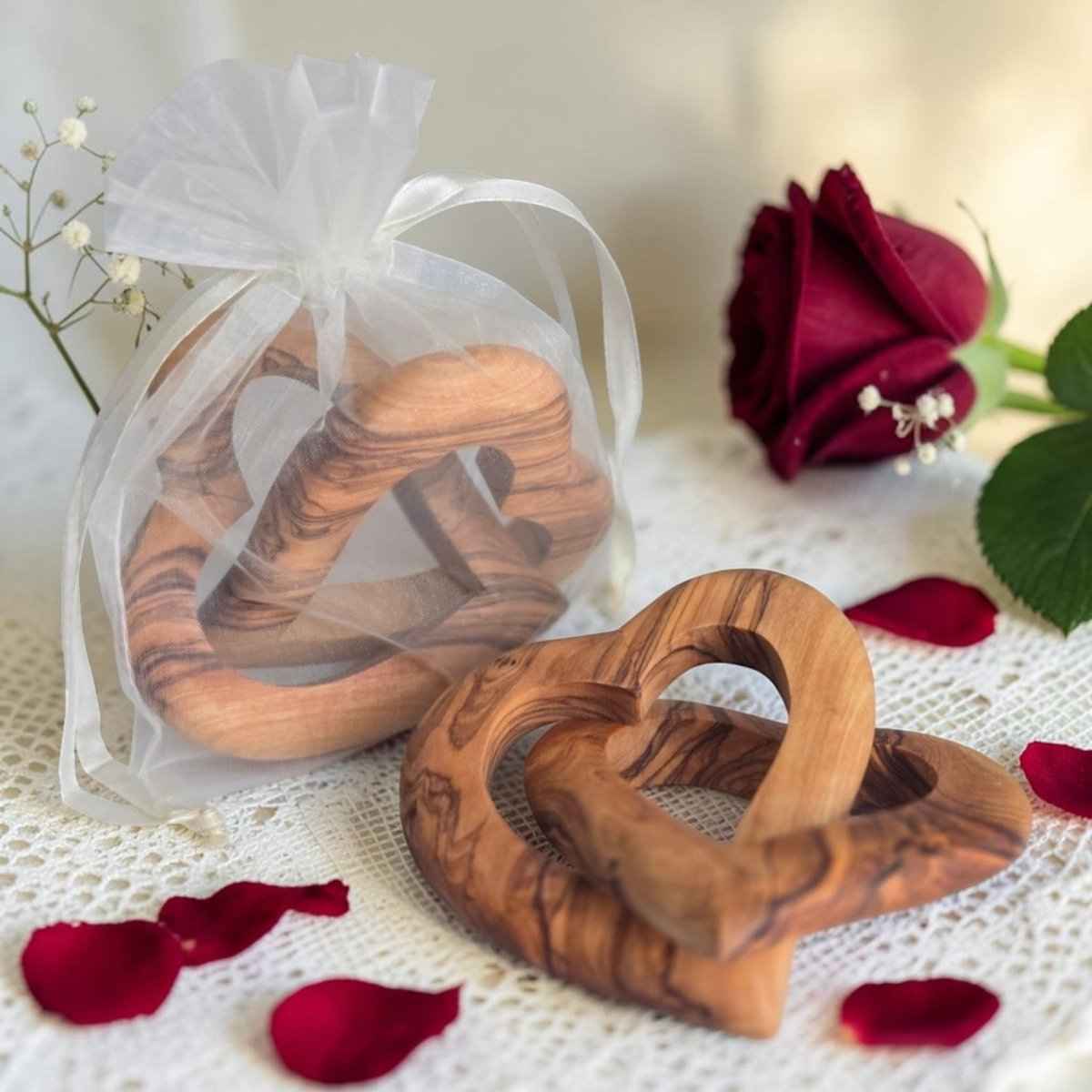 OLIVIKO Interlocked Olive Wood Hearts – Handcrafted Decorative Sculpture | 4 inch