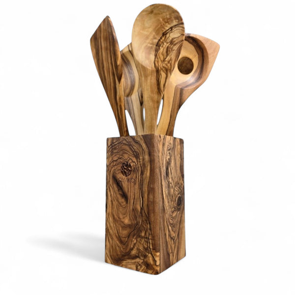 Handcrafted Olive Wood Utensil Set with Holder – 1 Spatulas, Fork & 3 Spoons
