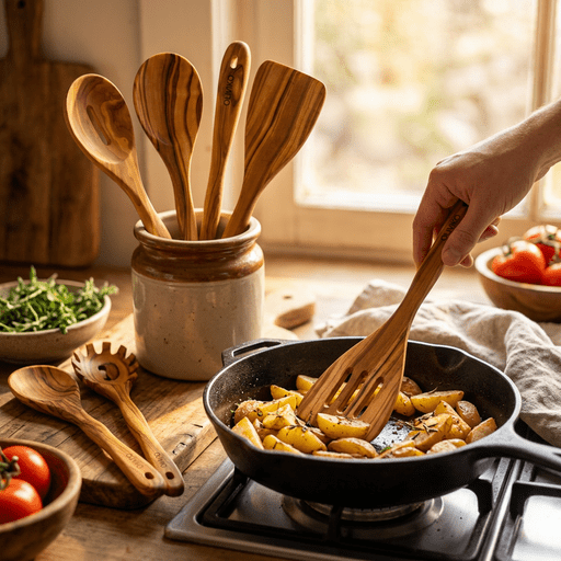 OLIVIKO™ Handmade Olive Wood Utensils Kit – 6 Piece (2 Spatula + 4 Spoon)