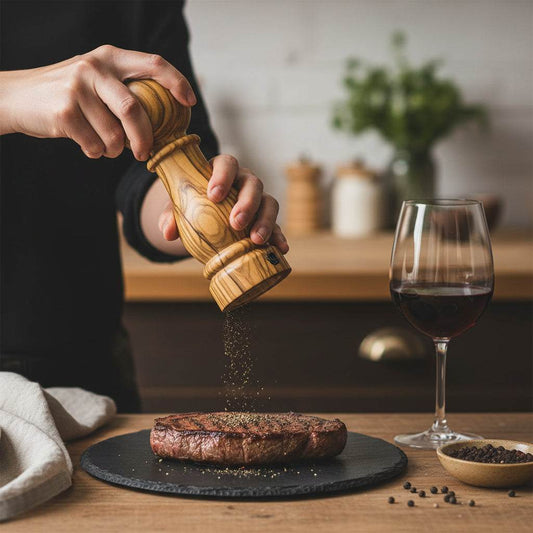 Olive Wood pepper grinder Mill with 'CrushGrind' branding on a white background