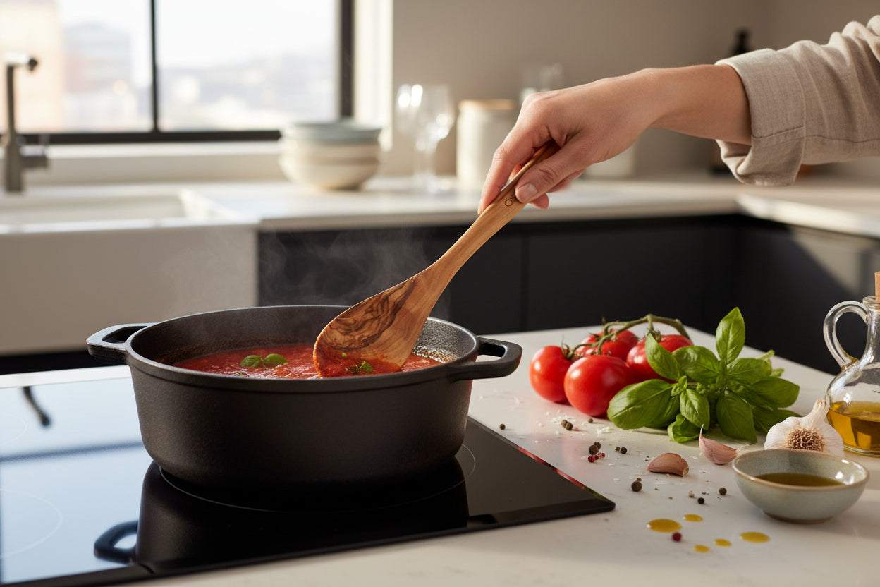 Hand stirring red sauce in pot with olive wood spatula in modern kitchen with fresh tomatoes and herbs on counter