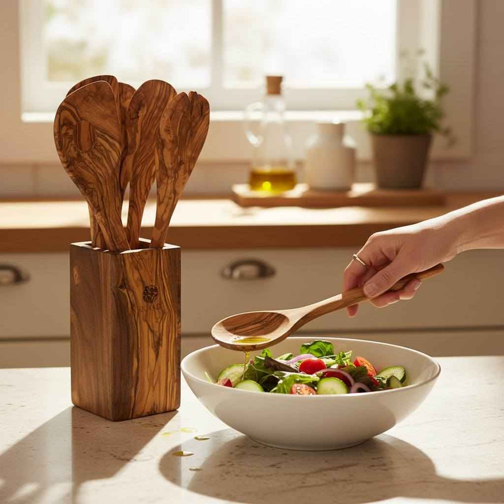 OLIVIKO Handcrafted Olive Wood Utensil Set with Holder – 1 Spatula, Fork & 3 Spoons