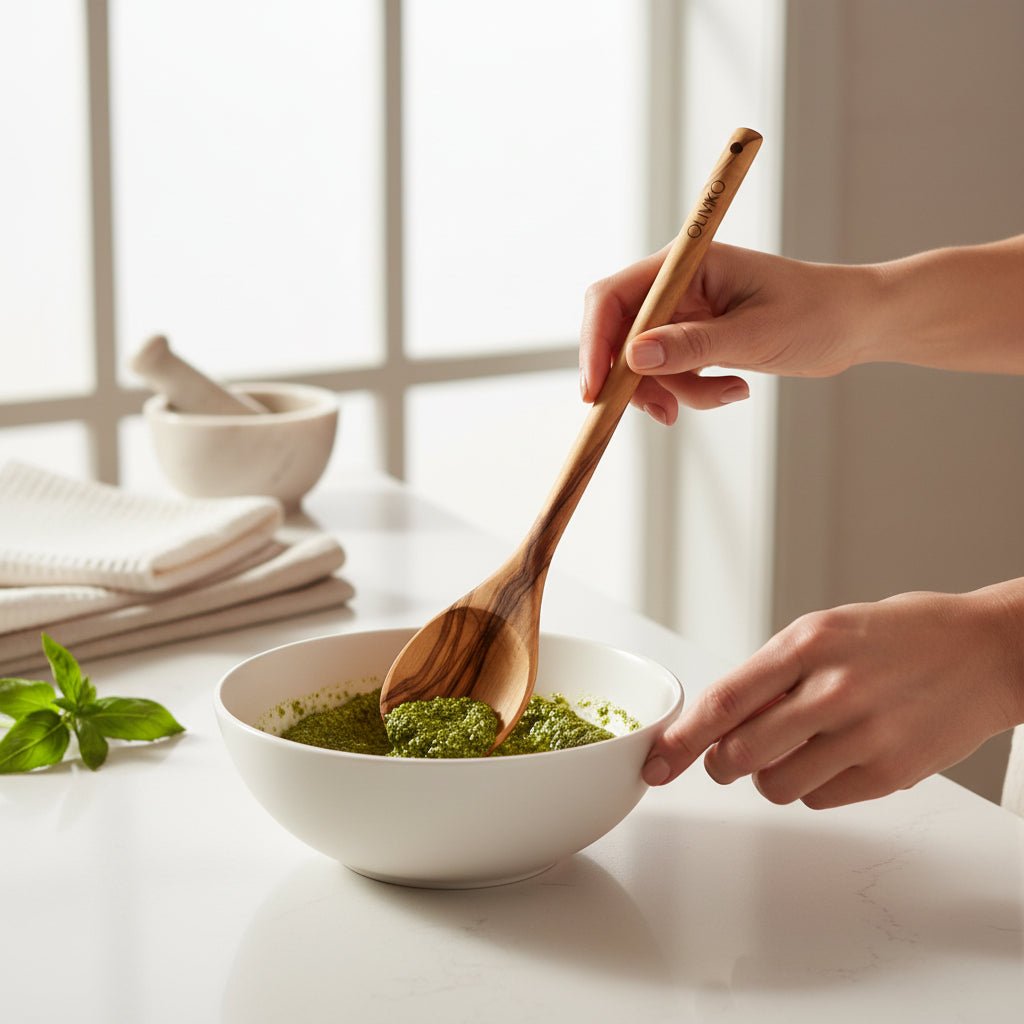 OLIVIKO Corner Cooking Spoon in use in a kitchen setting