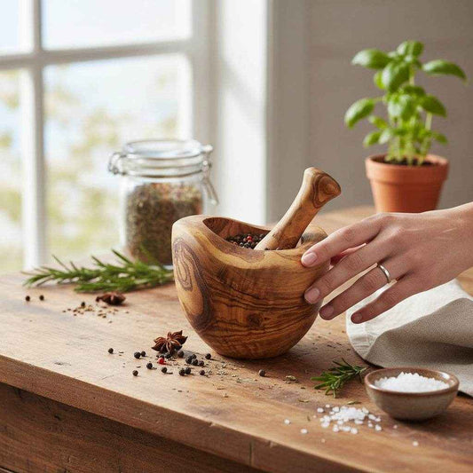 OLIVIKO Olive Wood Mortar and Pestle – Mediterranean Kitchen Essential