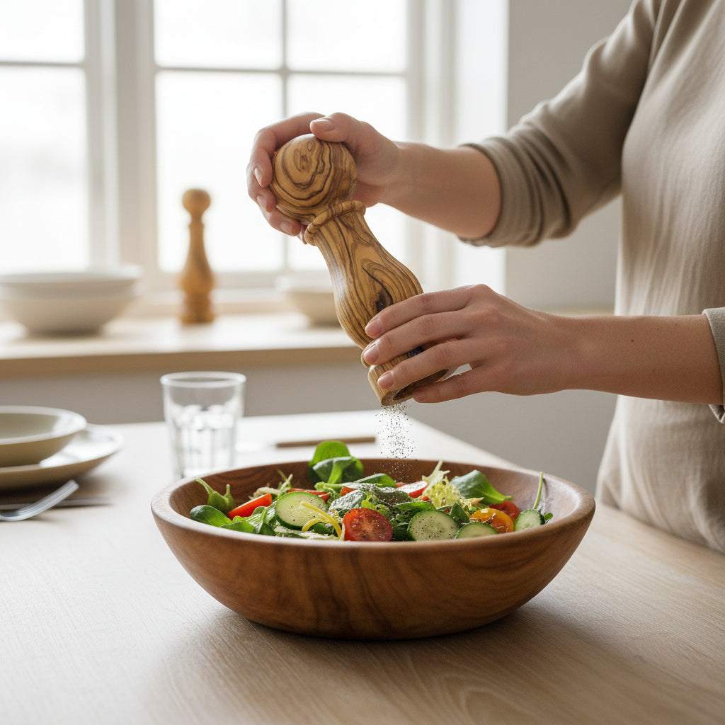Person using OLIVIKO olive wood salt and pepper grinder to season fresh salad bowl on wooden table