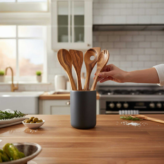 Handmade olive wood utensils kit with one spatula and four spoons in a black holder on kitchen counter