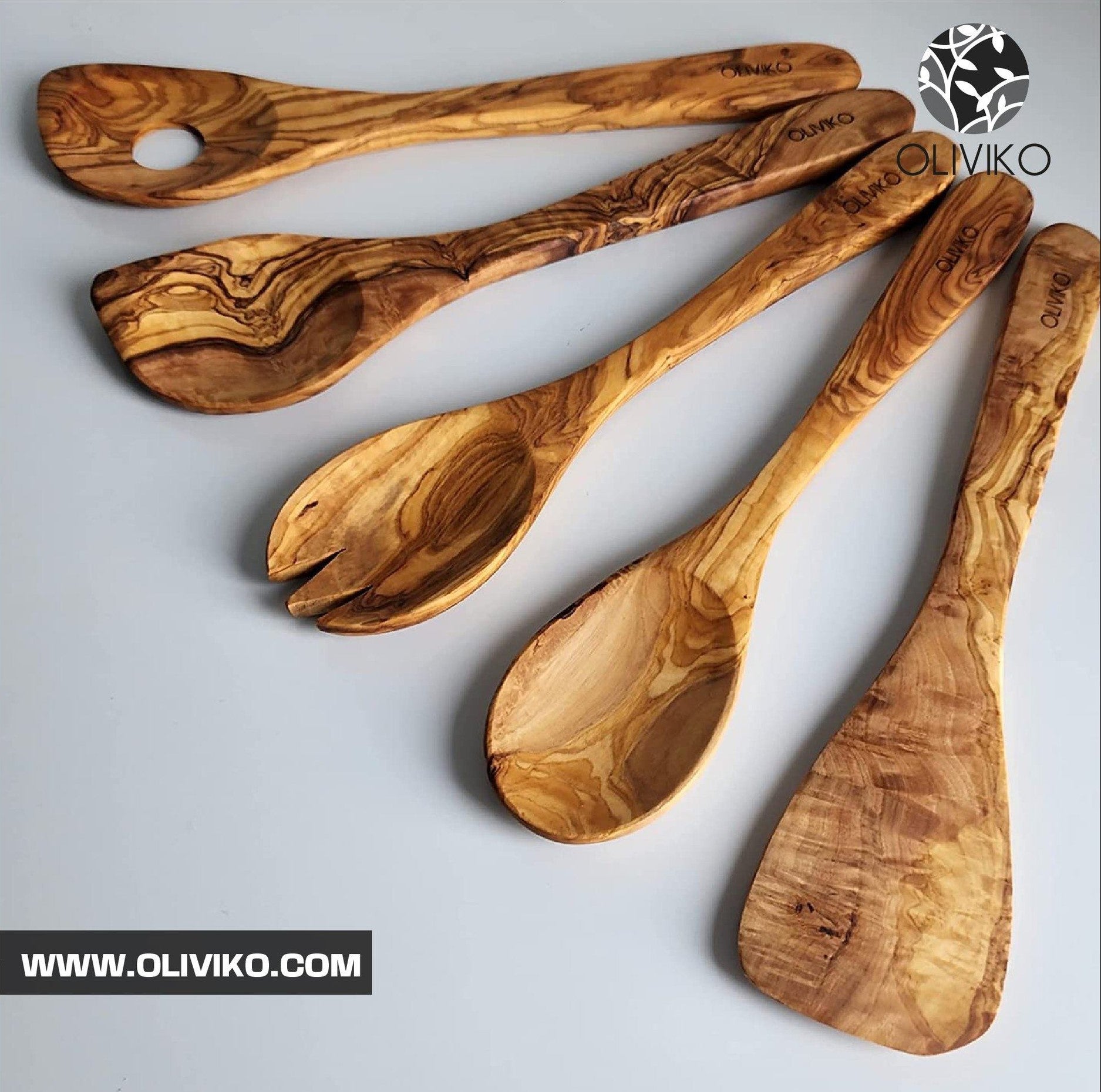 Kit d'ustensiles en bois d'olivier faits à la main de 5 ustensiles 1  spatule + 4 cuillères 100% bois d'olivier