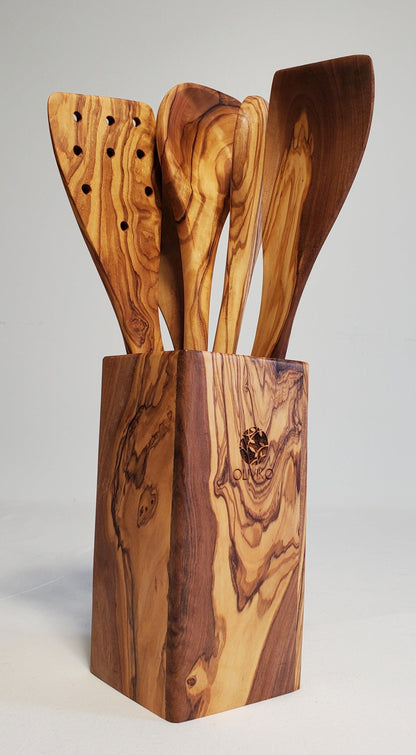 Handmade Olive Wood Holder+ Utensils Kit of 5 Utensils Holder+ 2 Spatula + 3 Spoon 100% Olive Wood