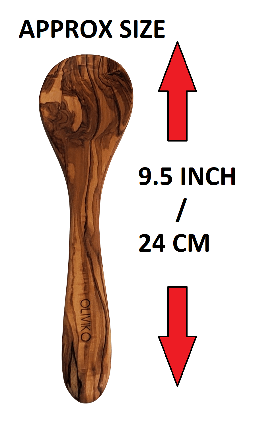 Handmade 9.5 inch olive wood spoon with natural grain texture and OLIVIKO branding