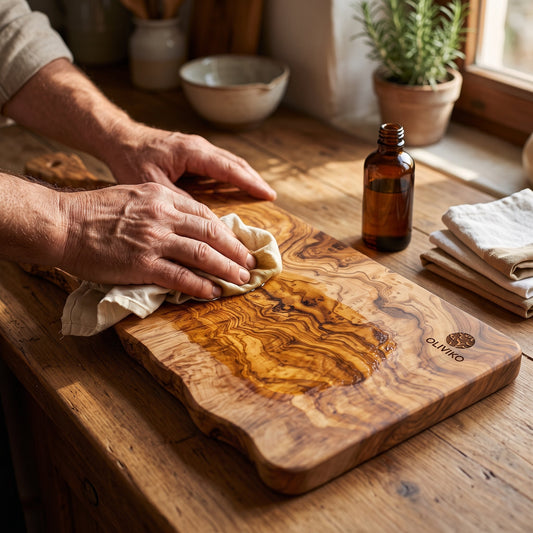 Hands rubbing oil into an OLIVIKO olive wood cutting board with a cloth, showing the rich grain darken on the freshly oiled half of the board