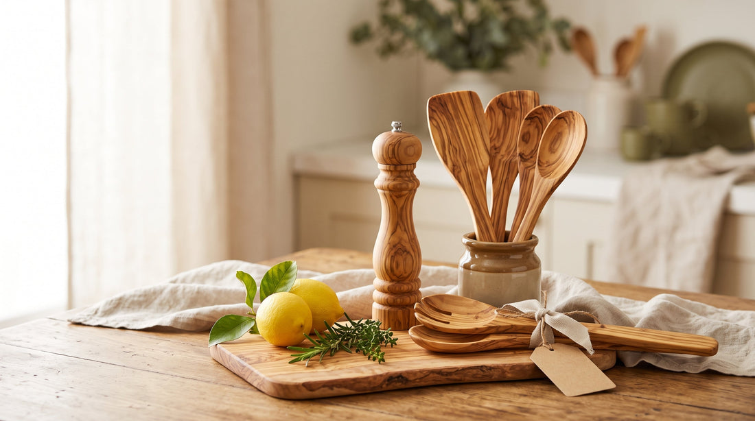 Olive wood gift set with pepper mill, utensils, salad servers and cutting board