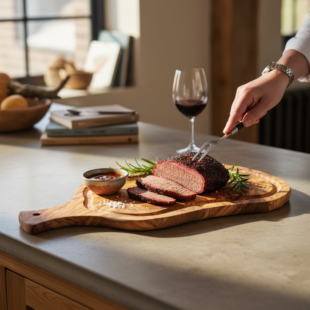 OLIVIKO olive wood cutting board with charcuterie and wine on a wooden table