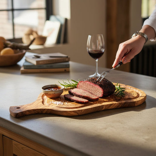OLIVIKO olive wood cutting board with charcuterie and wine on a wooden table